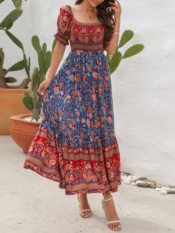 Boho Beach Vacation Dress Off-Shoulder Puff Sleeve Floral Midi Dress kakaclo