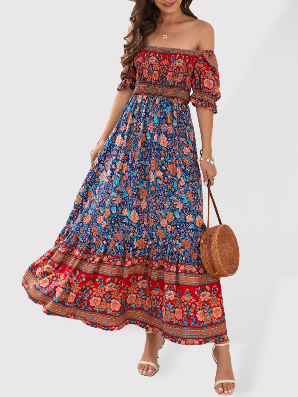Boho Beach Vacation Dress Off-Shoulder Puff Sleeve Floral Midi Dress kakaclo
