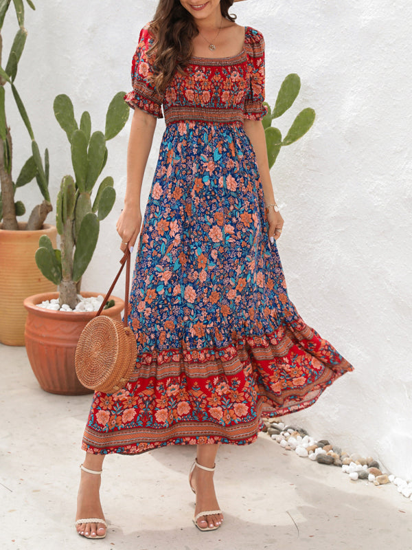 Boho Beach Vacation Dress Off-Shoulder Puff Sleeve Floral Midi Dress kakaclo