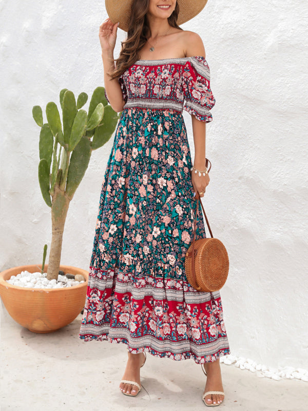 Boho Beach Vacation Dress Off-Shoulder Puff Sleeve Floral Midi Dress kakaclo