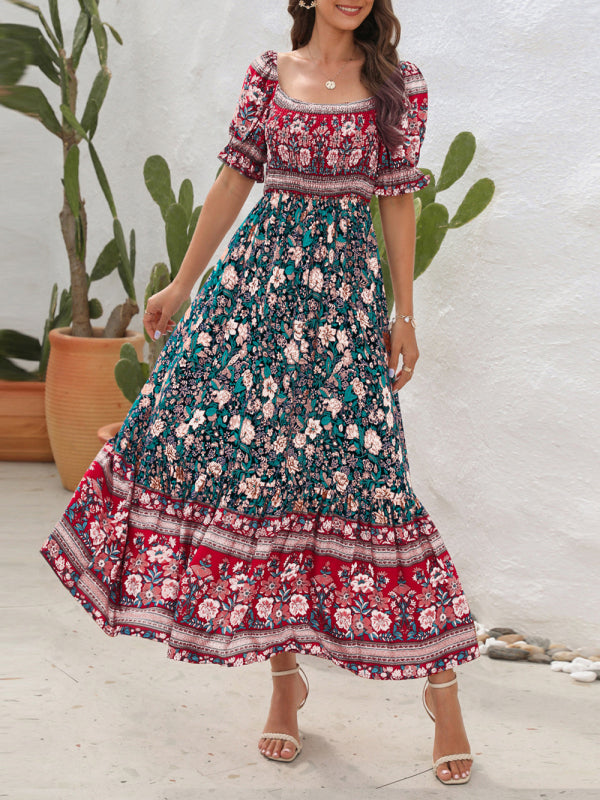 Boho Beach Vacation Dress Off-Shoulder Puff Sleeve Floral Midi Dress kakaclo