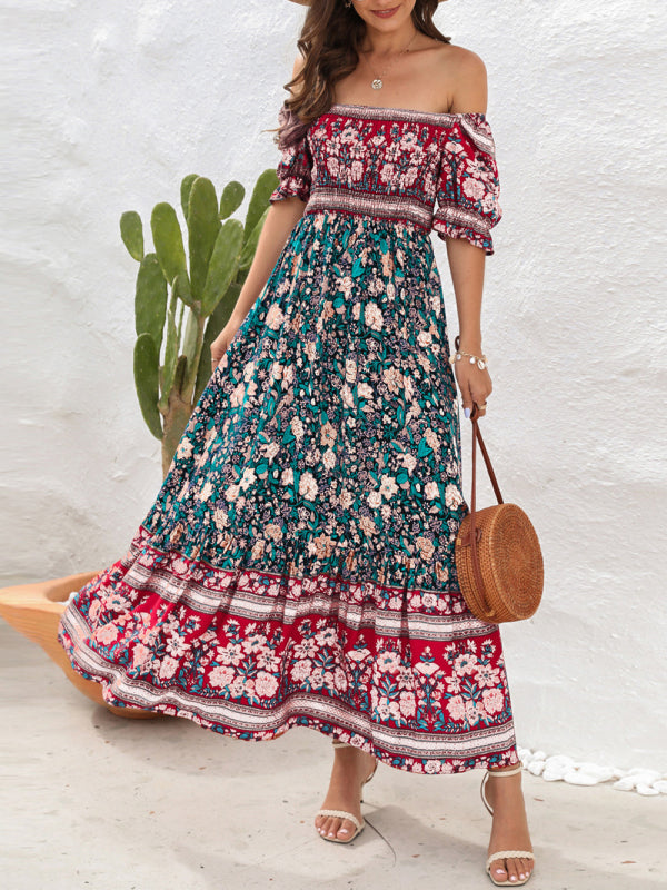 Boho Beach Vacation Dress Off-Shoulder Puff Sleeve Floral Midi Dress kakaclo