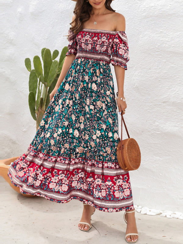Boho Beach Vacation Dress Off-Shoulder Puff Sleeve Floral Midi Dress kakaclo