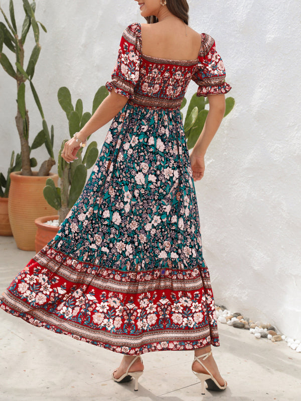 Boho Beach Vacation Dress Off-Shoulder Puff Sleeve Floral Midi Dress kakaclo