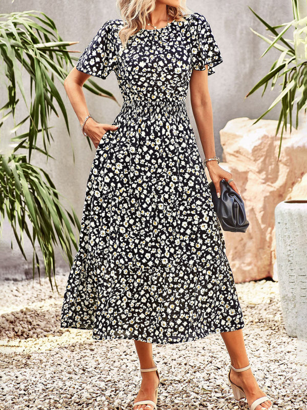 Blue Zone Planet | Floral Dress 2023 Summer Temperament Elegant Waist Short Sleeve Long Dress kakaclo