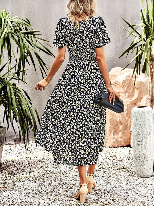Blue Zone Planet | Floral Dress 2023 Summer Temperament Elegant Waist Short Sleeve Long Dress kakaclo