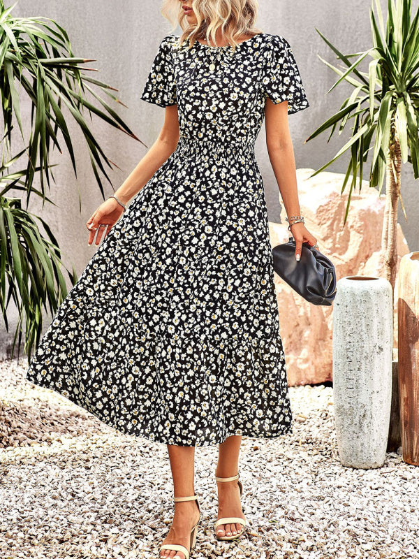 Blue Zone Planet | Floral Dress 2023 Summer Temperament Elegant Waist Short Sleeve Long Dress kakaclo