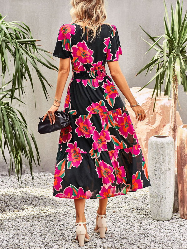 Blue Zone Planet | Floral Dress 2023 Summer Temperament Elegant Waist Short Sleeve Long Dress kakaclo