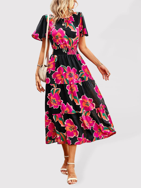 Blue Zone Planet | Floral Dress 2023 Summer Temperament Elegant Waist Short Sleeve Long Dress kakaclo