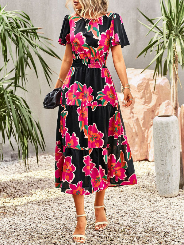 Blue Zone Planet | Floral Dress 2023 Summer Temperament Elegant Waist Short Sleeve Long Dress kakaclo