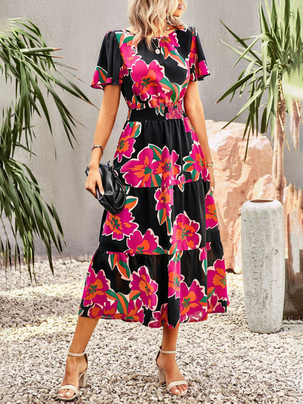 Blue Zone Planet | Floral Dress 2023 Summer Temperament Elegant Waist Short Sleeve Long Dress kakaclo