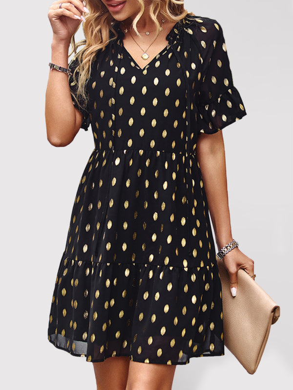 Bronzing Polka Dot Dress Women 2023 Spring Summer Elegant Short Skirt kakaclo