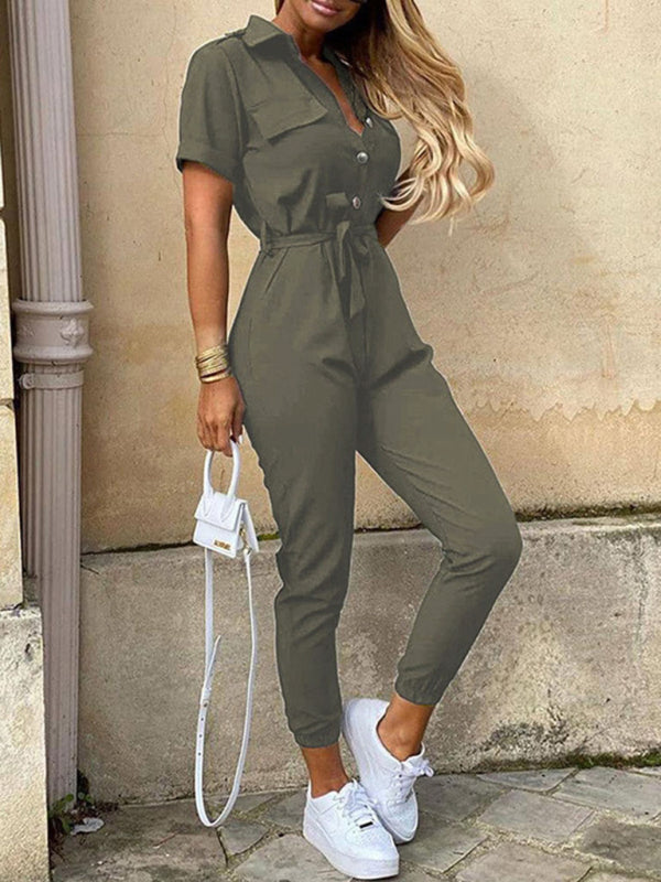 Lapel Buttoned Belt Cargo Jumpsuit BLUE ZONE PLANET