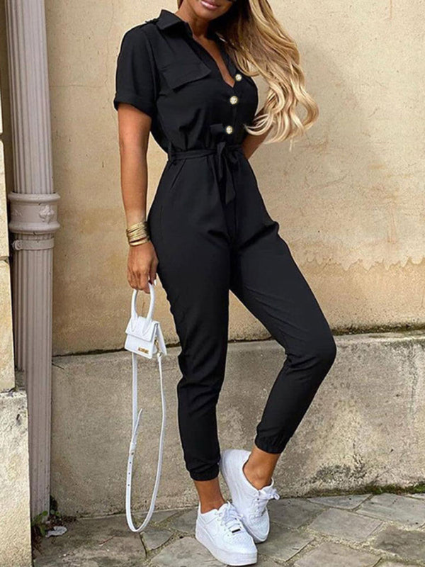 Lapel Buttoned Belt Cargo Jumpsuit BLUE ZONE PLANET