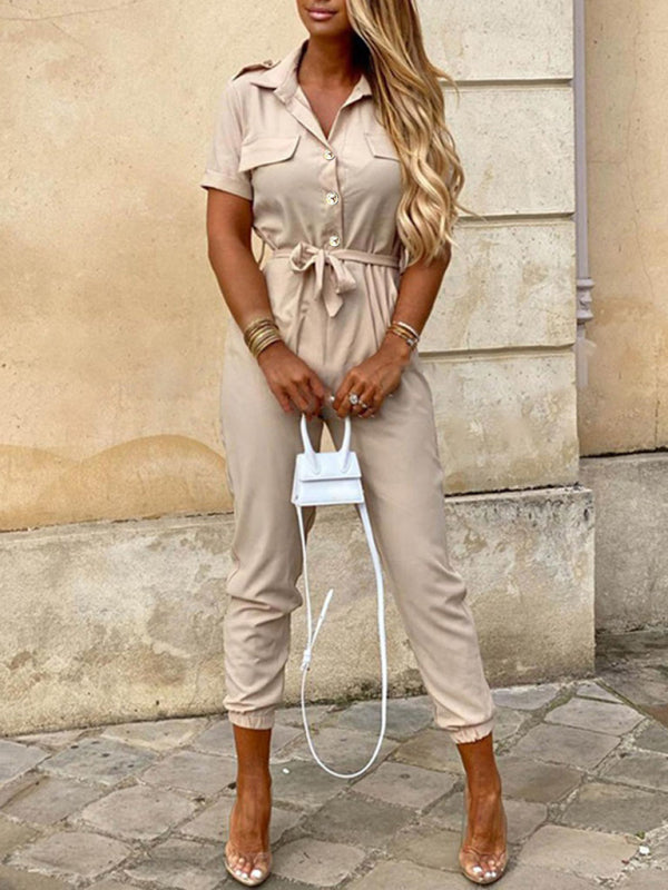Lapel Buttoned Belt Cargo Jumpsuit BLUE ZONE PLANET