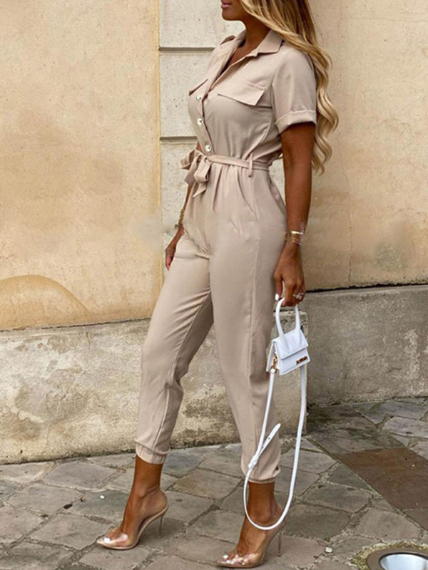 Lapel Buttoned Belt Cargo Jumpsuit BLUE ZONE PLANET