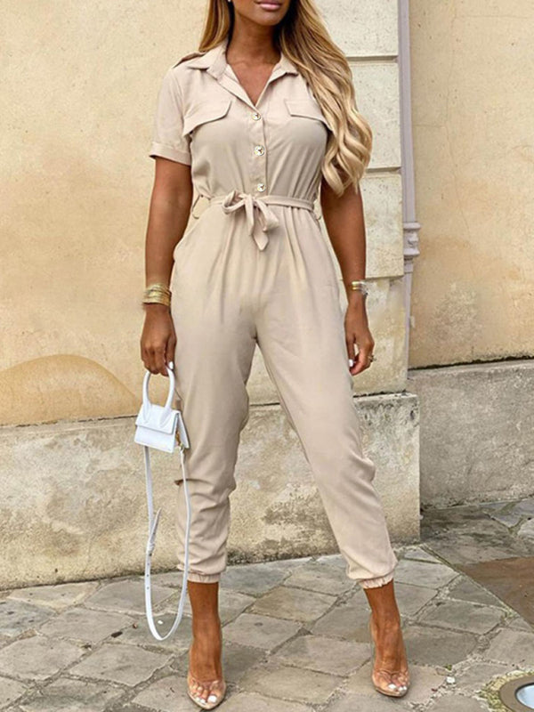 Lapel Buttoned Belt Cargo Jumpsuit BLUE ZONE PLANET
