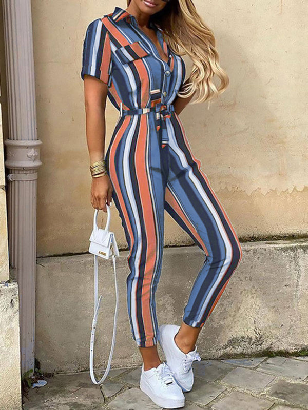 Lapel Buttoned Belt Cargo Jumpsuit BLUE ZONE PLANET