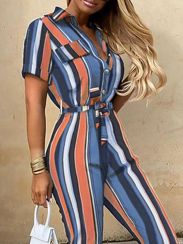 Lapel Buttoned Belt Cargo Jumpsuit BLUE ZONE PLANET