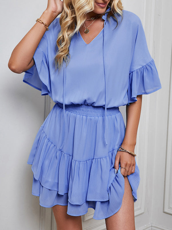 Ladies Fashion Solid Color Ruffle Dress kakaclo