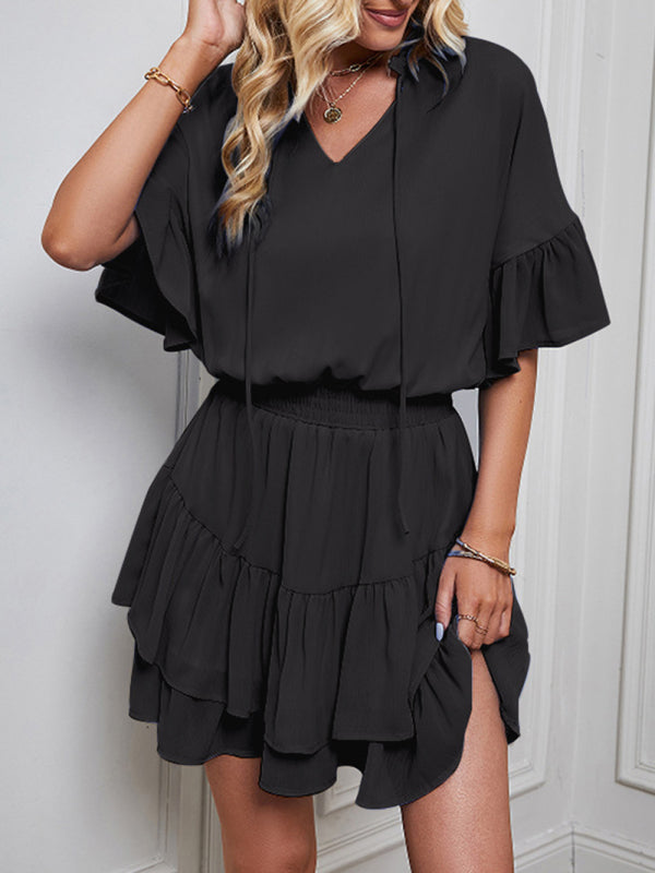Ladies Fashion Solid Color Ruffle Dress kakaclo