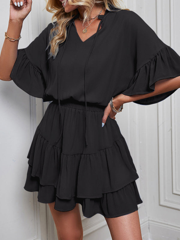 Ladies Fashion Solid Color Ruffle Dress kakaclo