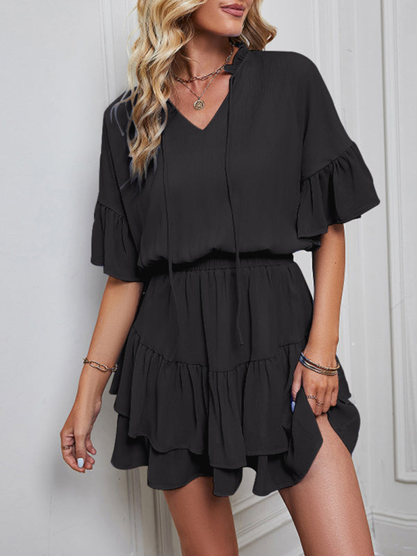 Ladies Fashion Solid Color Ruffle Dress kakaclo