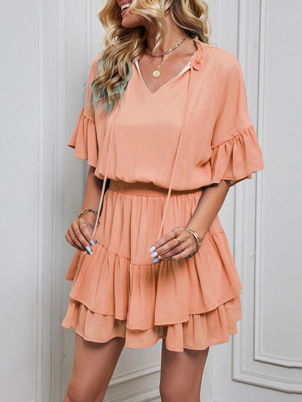 Ladies Fashion Solid Color Ruffle Dress kakaclo