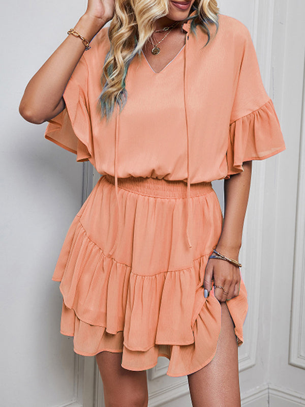 Ladies Fashion Solid Color Ruffle Dress kakaclo