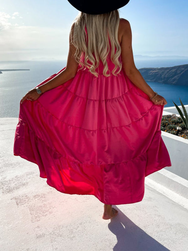 Ruched Solid Color Swing Skirt Beach Vacation Dress BLUE ZONE PLANET