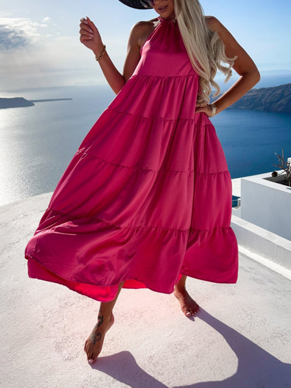 Ruched Solid Color Swing Skirt Beach Vacation Dress BLUE ZONE PLANET