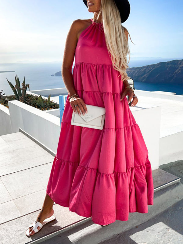 Ruched Solid Color Swing Skirt Beach Vacation Dress BLUE ZONE PLANET