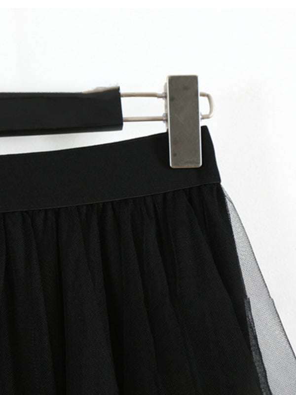 Fairy Mesh Splicing Solid Color High Waist Midi Skirt BLUE ZONE PLANET