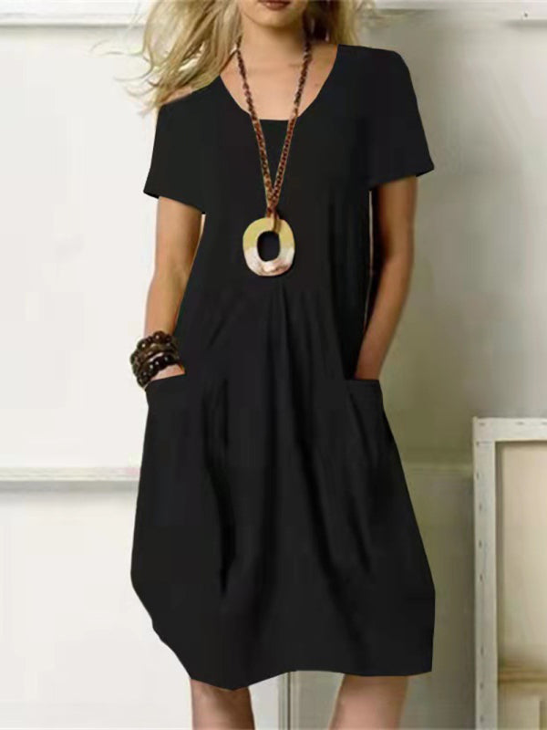 Blue Zone Planet | Cotton Linen Solid Color Loose Round Neck Short Sleeve Dress BLUE ZONE PLANET