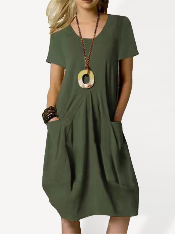 Blue Zone Planet | Cotton Linen Solid Color Loose Round Neck Short Sleeve Dress BLUE ZONE PLANET