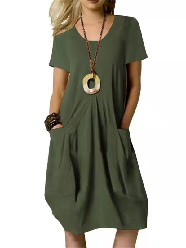 Blue Zone Planet | Cotton Linen Solid Color Loose Round Neck Short Sleeve Dress BLUE ZONE PLANET