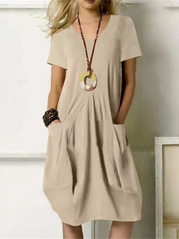 Blue Zone Planet | Cotton Linen Solid Color Loose Round Neck Short Sleeve Dress BLUE ZONE PLANET