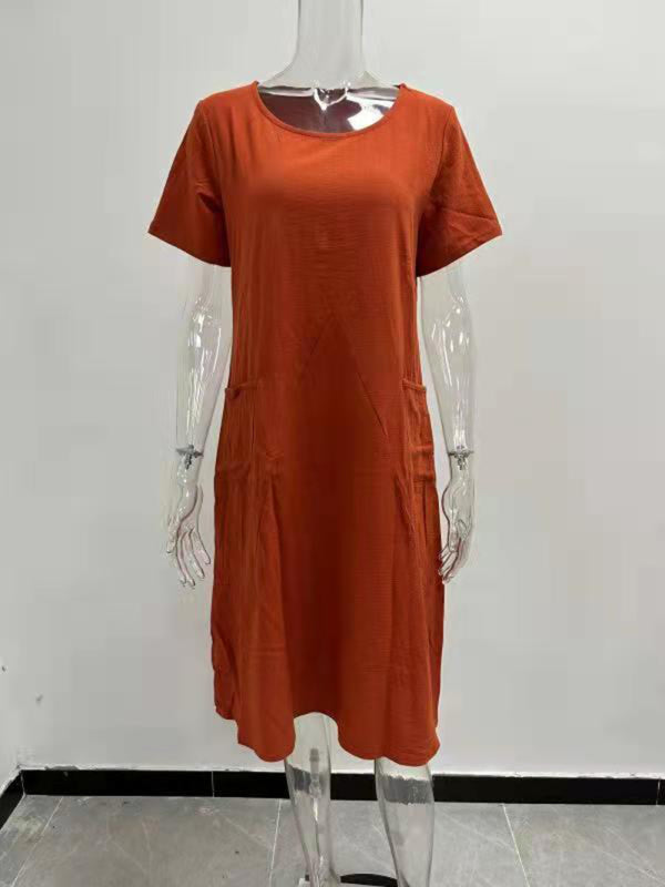 Blue Zone Planet | Cotton Linen Solid Color Loose Round Neck Short Sleeve Dress BLUE ZONE PLANET