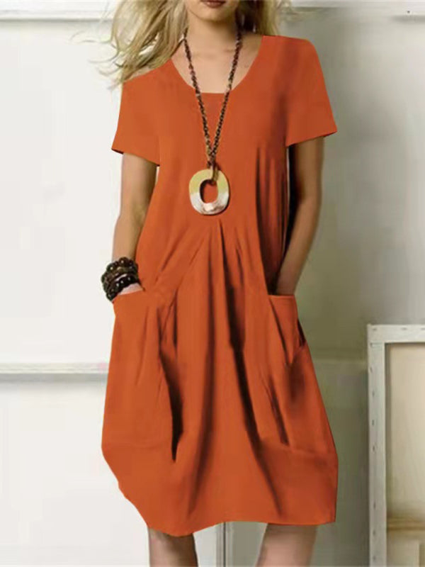 Blue Zone Planet | Cotton Linen Solid Color Loose Round Neck Short Sleeve Dress BLUE ZONE PLANET