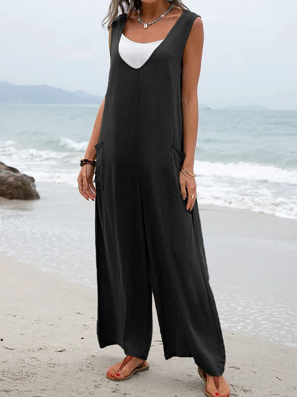 Solid color patch pocket fashion jumpsuit V-neck overalls wide-leg trousers kakaclo