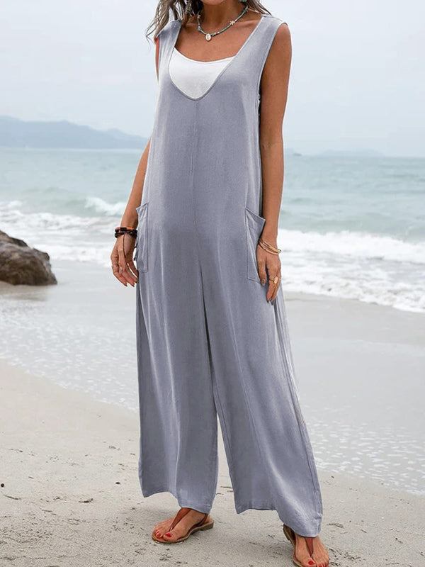 Solid color patch pocket fashion jumpsuit V-neck overalls wide-leg trousers kakaclo