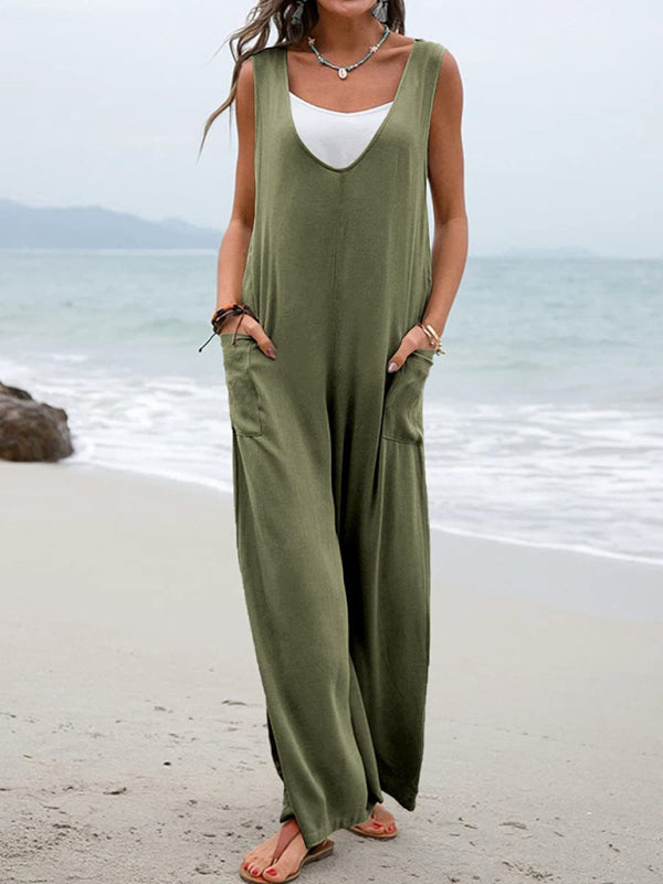 Solid color patch pocket fashion jumpsuit V-neck overalls wide-leg trousers kakaclo