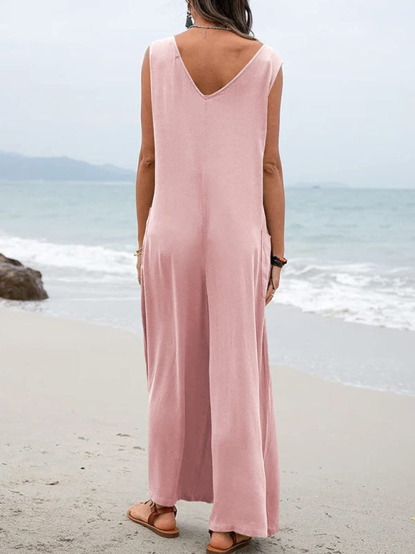 Solid color patch pocket fashion jumpsuit V-neck overalls wide-leg trousers kakaclo