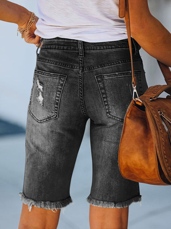 Blue Zone Planet | Street fringe high elastic pencil pants mid-rise cropped pants ripped jeans kakaclo