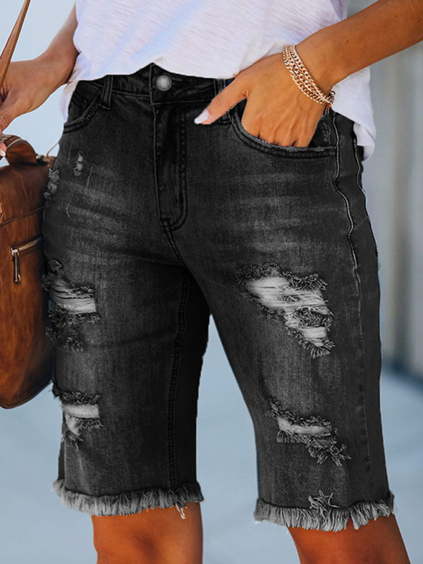 Blue Zone Planet | Street fringe high elastic pencil pants mid-rise cropped pants ripped jeans kakaclo