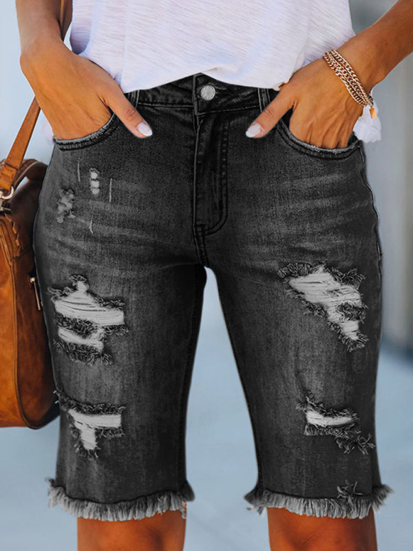 Blue Zone Planet | Street fringe high elastic pencil pants mid-rise cropped pants ripped jeans kakaclo