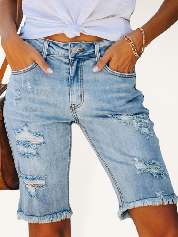 Blue Zone Planet | Street fringe high elastic pencil pants mid-rise cropped pants ripped jeans kakaclo