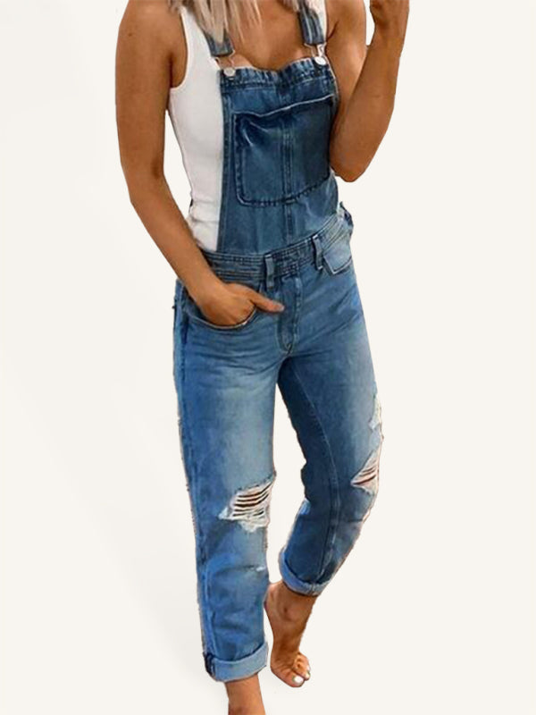 Blue Zone Planet | Double shoulder spaghetti straps ripped denim jumpsuit BLUE ZONE PLANET