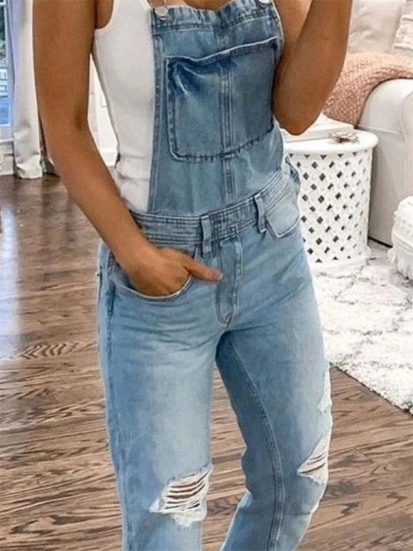 Blue Zone Planet | Double shoulder spaghetti straps ripped denim jumpsuit BLUE ZONE PLANET