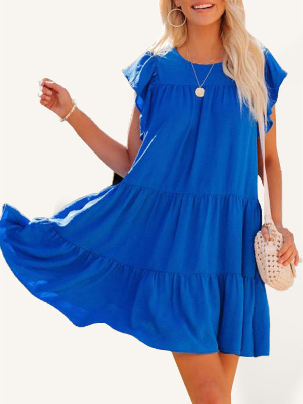 Fashion Pleated Loose Solid Color Short Sleeve Dress kakaclo
